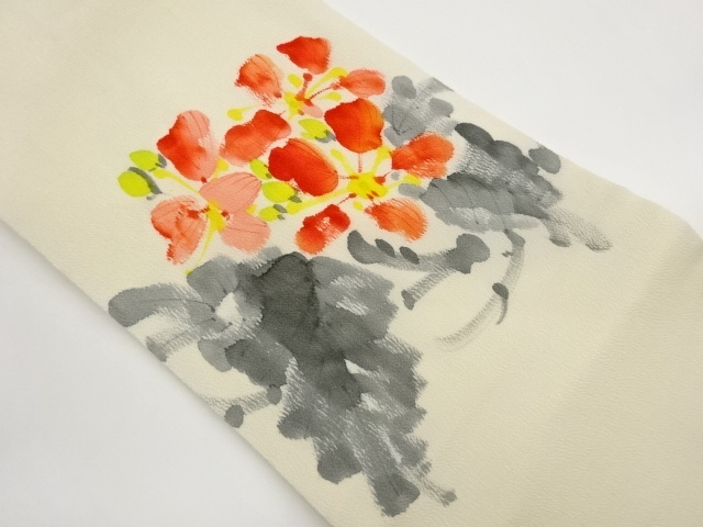Nagoya obi with hand-drawn abstract flower and leaf pattern on crepe